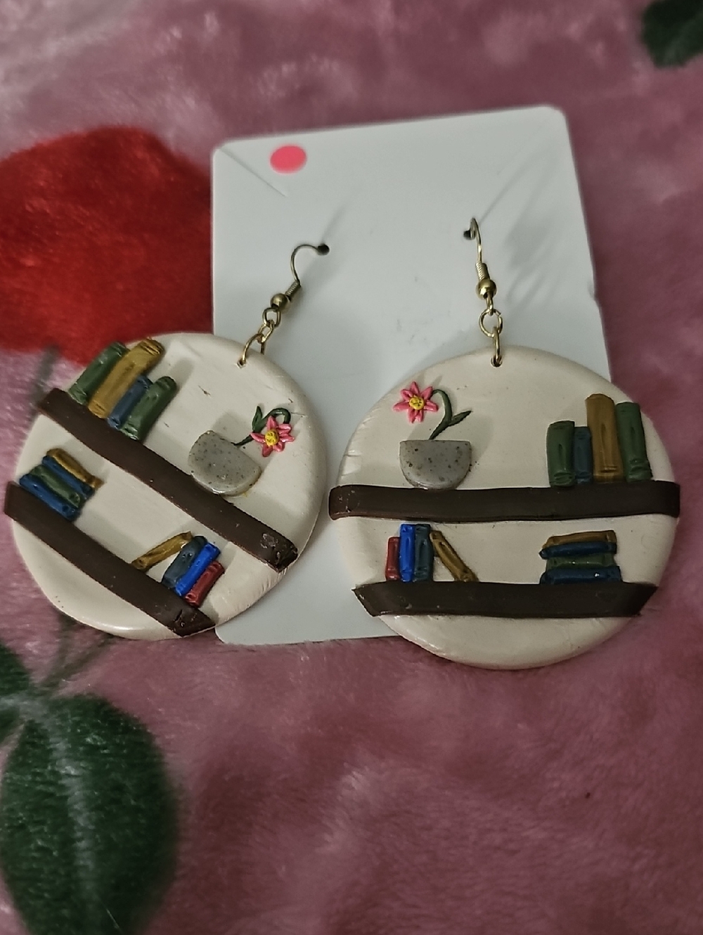 Handcrafted White Ceramic Bookshelf Drop Earrings with Multicolor Accents